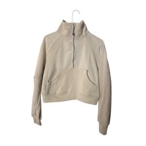Better Together Beige Cropped Half-Zip Sweatshirt With Pouch Pocket & Ribbed Cuf